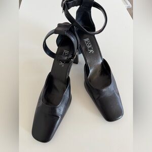 Jessica Black Leather Ankle Strap Block Heel Pumps Size 7